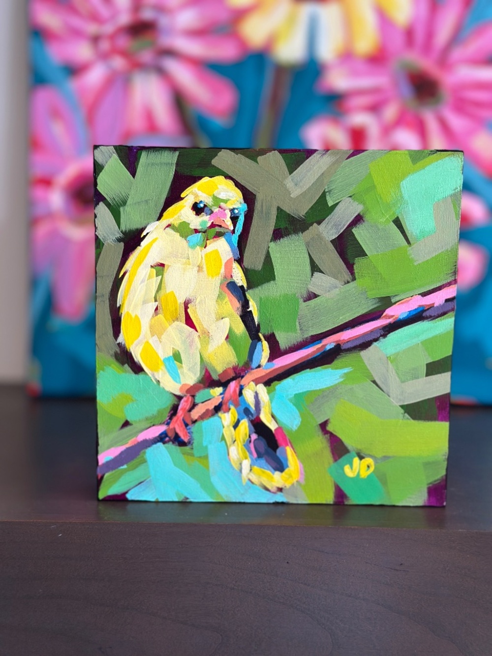 Bold Impressionist Yellow Bird Painting, 6x6 Hand-Painted Wood Panel Collectible